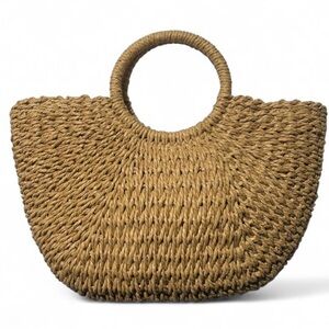 Large Woven Paper Straw Tote Half Moon Bag Boho Beach Vacation Round Handle 17"